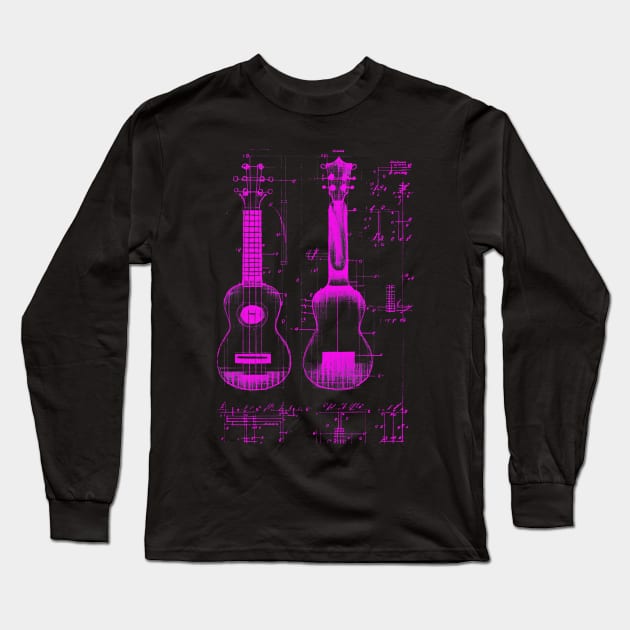 Neon Pink Ukulele Da Vinci Blueprint Long Sleeve T-Shirt by Trip Tank